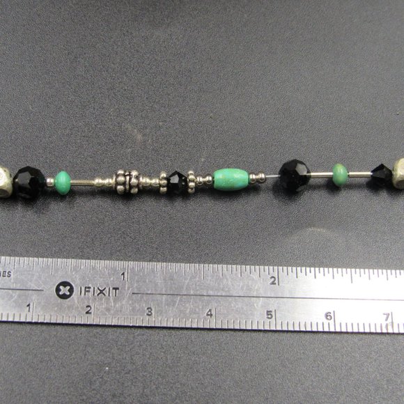 16" Sterling Silver Green & Black Stones Necklace Vintage - Picture 5 of 7